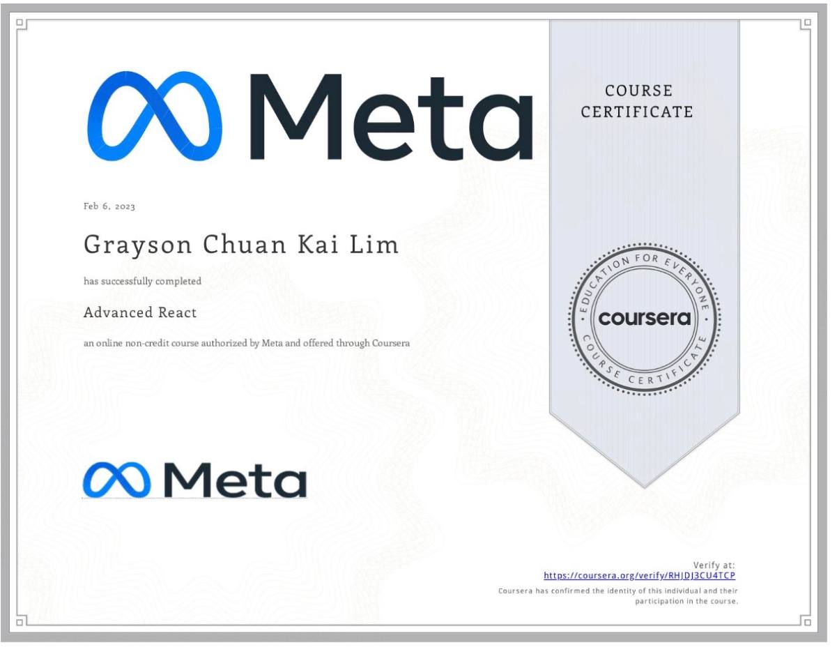 Advanced React certificate, Meta via Coursera