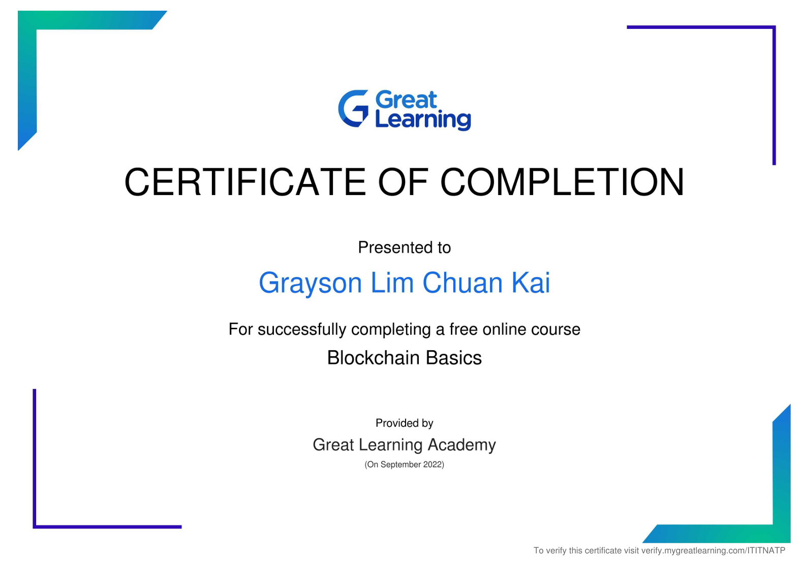 Blockchain Basics certificate, Great Learning Academy