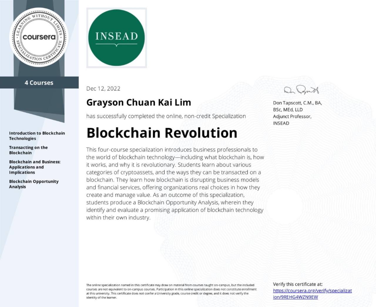 Blockchain Revolution certificate, INSEAD via Coursera