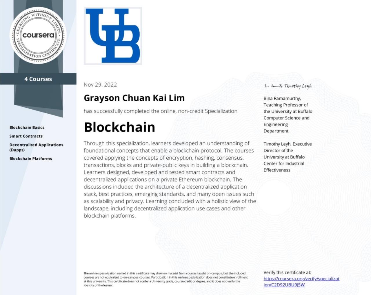 Blockchain specialization certificate, University at Buffalo via Coursera