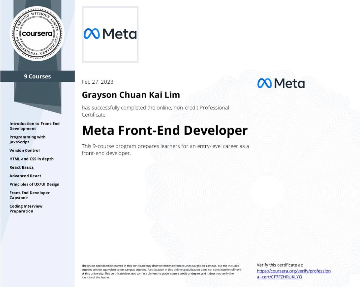 Meta Front-End Developer certificate, Meta via Coursera