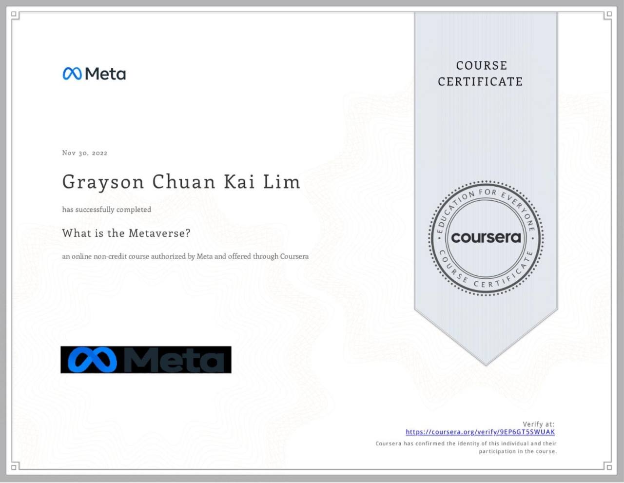 What is the Metaverse? certificate, Meta via Coursera
