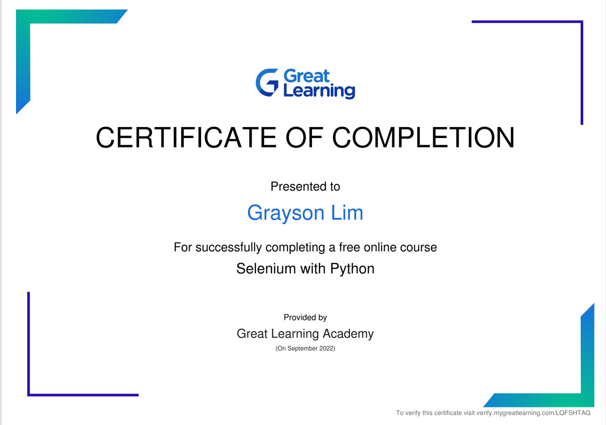 Selenium with Python certificate, Great Learning Academy