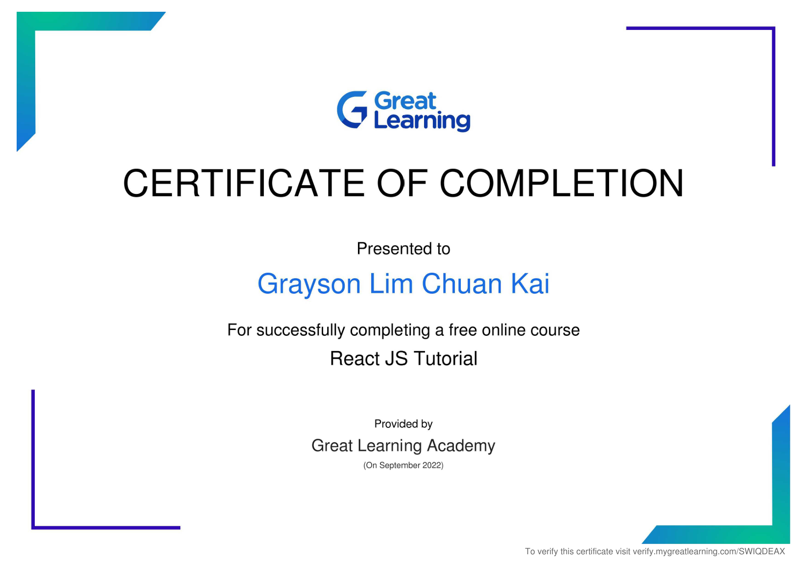React JS Tutorial certificate, Great Learning Academy